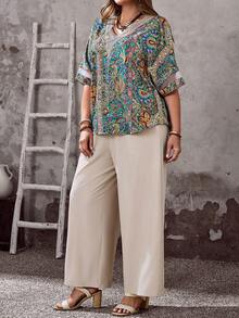 EMERY ROSE Plus Size Co-Ords For Women,Boho Yellow Summer Outfits With Blouse And Wide Leg Pants,Casual Holiday Vacation Beach Outfit Set - Multicolor - View 3