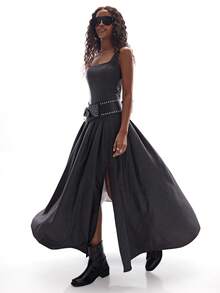 Aveloria GENKIRA Grey Square Neck Waist Splicing Pleated Hem Sleeveless Dress, Minimalist French Elegant Casual Academic Chic Versatile Dress - Dark Grey - View 7