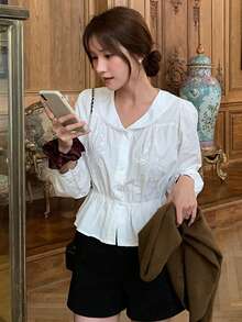 DAZY 女士优雅刺绣修身长袖衬衫，春季款 - 白色 - 查看 8