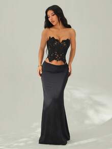 SHEIN PETITE 两件套黑色性感镂空蕾丝薄纱上衣搭配低腰超长缎面半裙，适合约会、婚礼宾客、早午餐、优雅装扮、派对等场合。 - 黑色 - 查看 3