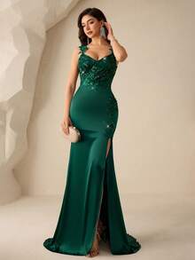 Coutiva 女士串珠拼接无袖正式晚礼服（重工装饰） - 墨綠色 - 查看 7