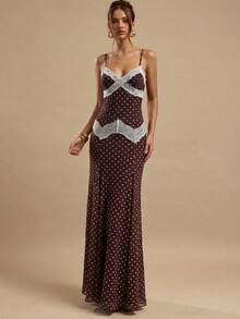 SHEIN BAE Đầm không tay phối ren chấm bi thanh lịch dành cho nữ, thích hợp cho mùa hè. - màu nâu - Xem 6