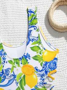 Tween Girls Lemon Print Hollow-Out One-Piece Swimsuit - Yellow - View 5