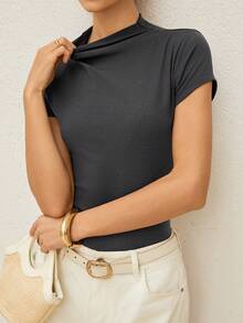 Lymera Spring/Summer New Fashion Casual Grey Minimalist Soft Smooth Ribbed Asymmetric Ruched Turtleneck Short Sleeve T-Shirt - Grey - View 4