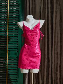 Sexy Urban Charm Butterfly Pattern Jacquard Nightgown For Women - Hot Pink - View 9