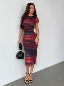 SHEIN PETITE Đầm dài tay ngắn in họa tiết lưới thời trang cho nữ, quần áo nữ mùa xuân/hè, trang phục mùa hè, đầm công sở, đầm midi, đầm đi biển, đầm dự tiệc, đầm tốt nghiệp, đầm công sở cho nữ, đầm sân bay, đầm tuần trăng mật cho nữ, đầm phong cách boho, đầm hè cho nữ - Nhiều màu - Xem 6