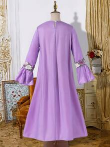 少女休闲可爱蝴蝶印花刺绣3D蝴蝶喇叭袖睡袍 - 紫色 - 查看 2