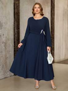 Roveilla 大码女式长袖圆领系带通勤连衣裙，优雅收腰连衣裙，饰有闪亮串珠装饰 - 藍色 - 查看 4