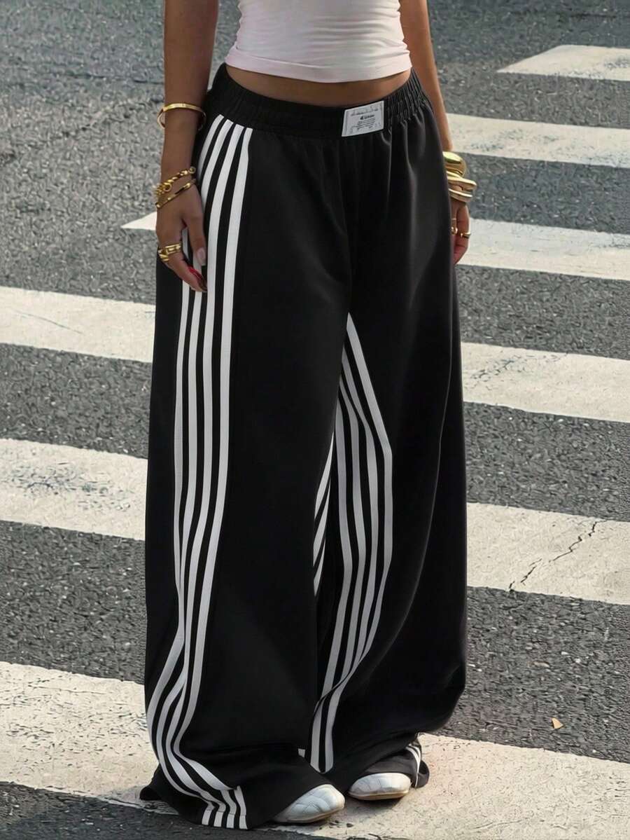 Muchica 女士撞色侧条纹休闲运动裤 - 黑色 - 查看 1