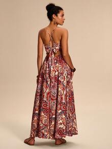 Breezaya 女士夏季休闲沙滩度假交叉绑带抹胸露背蝴蝶结腰部复古印花长裙 - 紅色 - 查看 2