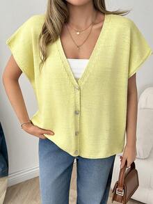 EURMUSE Shimmering Sequin Knit V-Neck Loose-Fit Cardigan - Yellow - View 2