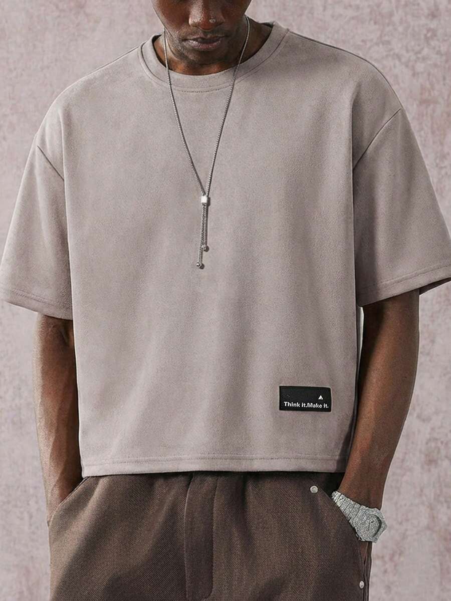 STYNVO 男士休闲字母贴布圆领落肩T恤,夏季 - 藕粉色 - 查看 1
