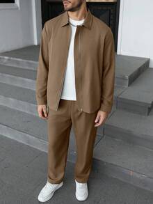 Manfinity CasualCool 男士纯色拉链夹克和斜插口袋长裤套装 - 卡其色 - 查看 4