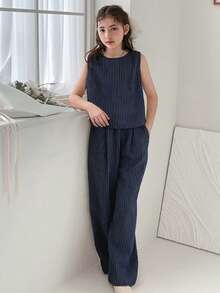DAZY 少女条纹圆领无袖上衣和阔腿宽松牛仔裤套装 - 藏蓝色 - 查看 4