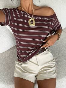 Aloruh Women's Casual Loose Asymmetrical Shoulder Brown Striped T-Shirt - Multicolor - View 3
