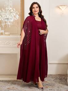 SHEIN Clasi Bộ 2 món thanh lịch dành cho nữ cỡ lớn, gồm áo choàng và váy lót tay cánh dơi đính đá. - Màu xanh hải quân - Xem 9