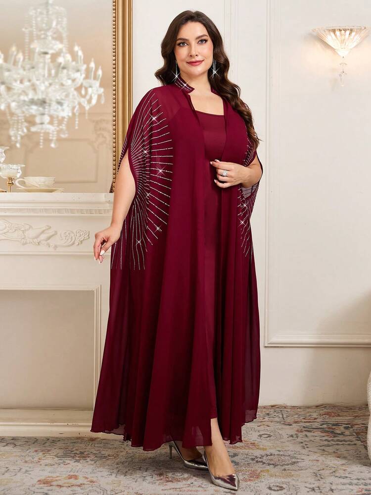 SHEIN Clasi مجموعة قطعتين من رداء وفستان نوم مزين بالراين ستون مع أكمام على شكل خفاش للنساء ذوات الحجم الكبير، أنيقة - أزرق بحري - مشاهدة 9