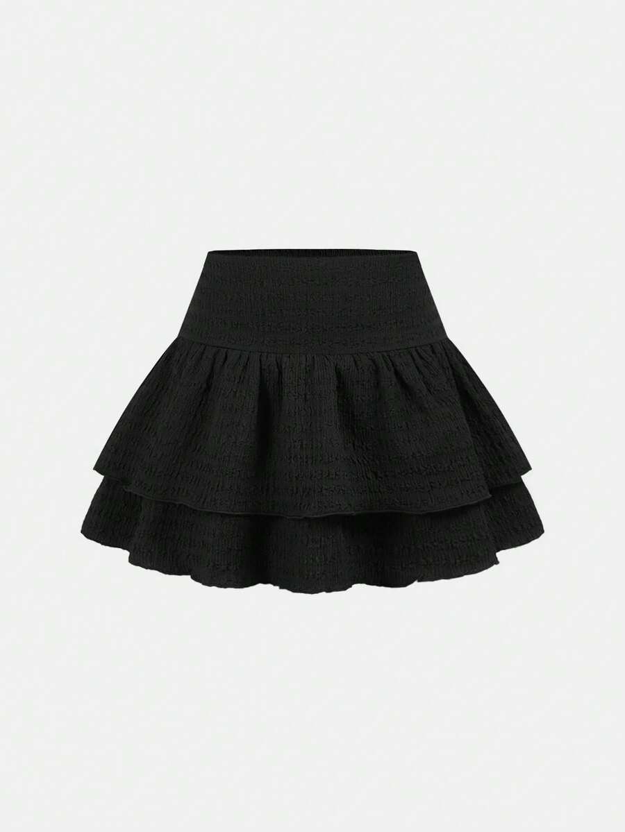 SHEIN Girlism Tween Girl Casual Blue Layered Textured Skirt - Black - View 1