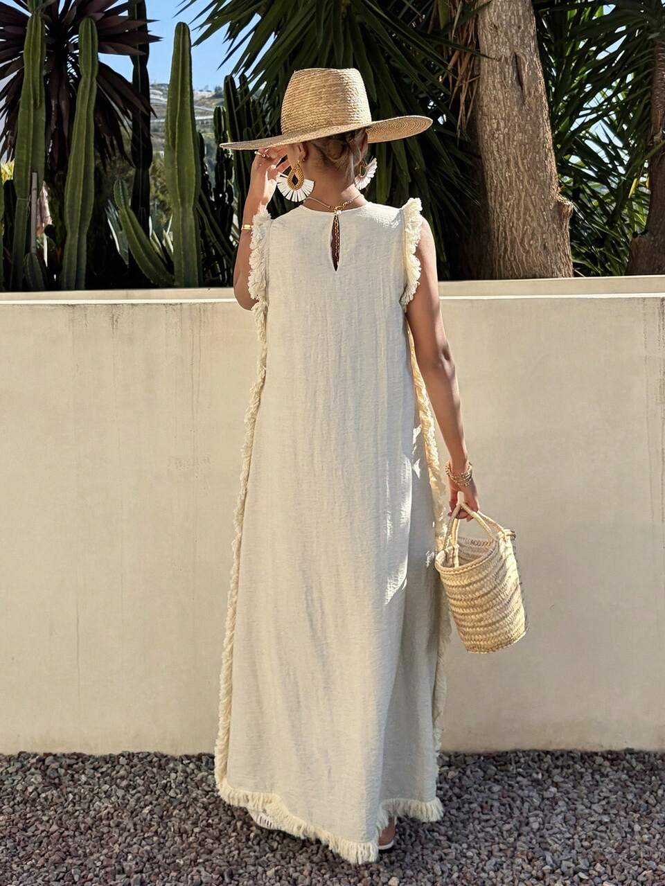 Spring Frayed Trim Loose Midi Dress For Women, Suitable For Vacation & Beach Sundress