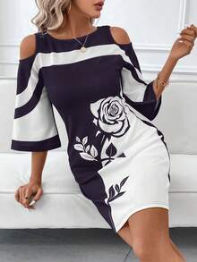 SHEIN Clasi Đầm suông trễ vai in hoa hồng phối màu tương phản thanh lịch dành cho nữ - Màu tím - Xem 3