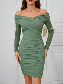 SHEIN Clasi Women's Elegant Sexy Off-Shoulder Ruched Curve Glittery Party Dress - Dark Green - View 4