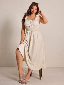 Elaquor Plus Size Women Solid Color Square Neck Ruched Waist Dress,Beige Summer Elegant Tea Party Wedding Guest Holiday Casual Beach Vacation Sun Dress - Apricot - View 3