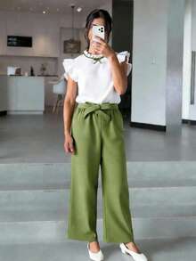 Teen Girl Summer Ruffle Hem Round Neck Top With Bow Decorations And Casual Pants 2pcs/Set,Holiday,Summer,Travel - Army Green - View 3
