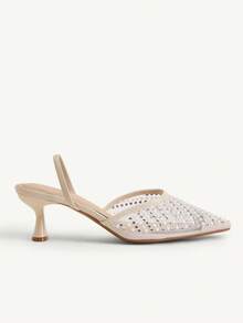 CUCCOO CHICEST Women's New Square Toe Mid-Heel Mesh & Rhinestone Elegant Party Ankle Strap Pumps - Beige - View 3