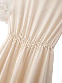 GlowEve CURVE Vestido de satén midi de línea A con cuello de gota, decoración de encaje floral y volantes en las mangas cortas, adecuado para citas románticas y reuniones, talla grande para mujeres - Albaricoque - Ver 8