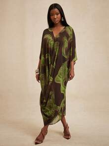 NYA SZN 女士V领撞色休闲沙滩罩衫连衣裙 - 彩色 - 查看 4