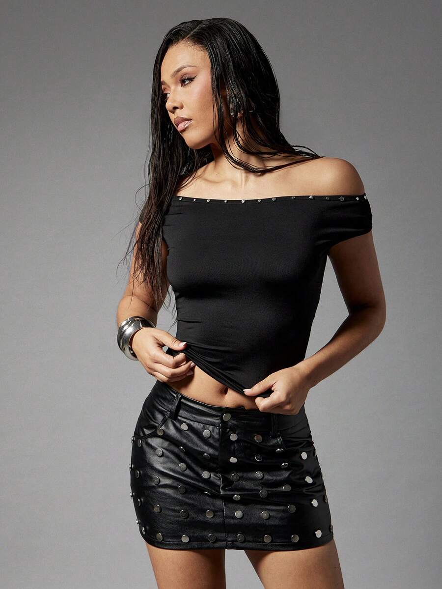 Denimoi Women's Casual Off Shoulder Studded Blouse, Versatile For Daily Wear - Black - View 1