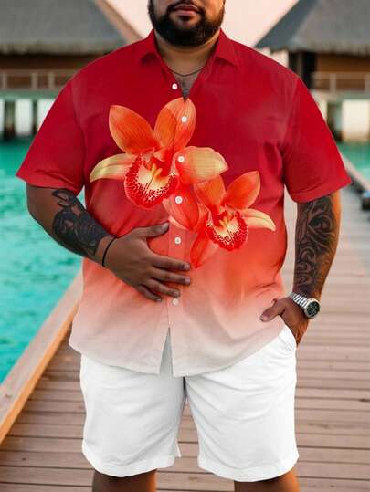 Manfinity RSRT Camisa abotonada con estampado floral para hombre de talla grande, adecuada para vacaciones