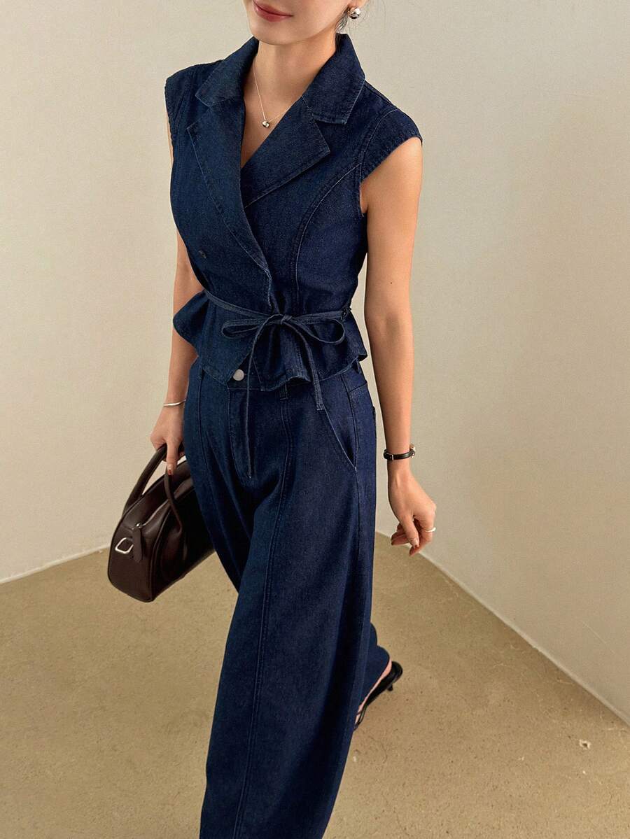 DAZY 女士翻领短袖系带牛仔上衣搭配宽松阔腿牛仔裤，休闲度假牛仔套装，夏季 - 深色水洗藍 - 查看 1