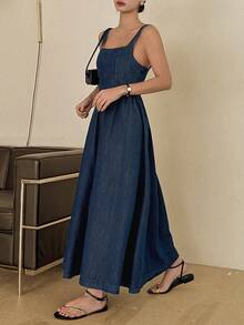 DAZY Women's Square Neck Sleeveless Maxi Denim Dress, Vacation Style - Dark Wash - View 2