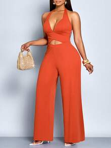 SOLERSUN Bộ jumpsuit nữ thanh lịch màu trơn, cổ khoét sâu, lưng hở với họa tiết đan chéo. - Rỉ Nâu - Xem 4