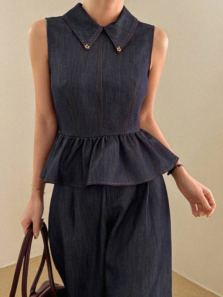 Women's Lapel Sleeveless Fashion Rejuvenating Star Decor Faux Denim Vest And Loose Straight Leg Pants Casual Suit Summer