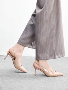 CUCCOO BIZCHIC 女士鞋履春秋新款法式小方头细高跟杏色搭扣露跟鞋，简约优雅，通勤舒适，女士高跟露跟鞋 - 杏色 - 查看 4