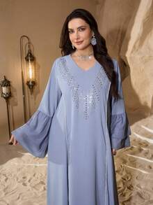 Al Najma Plus Size Middle Eastern V-Neck Pearl Trim Decor Long Sleeve Puff Cuff Rhinestone Embellished Loose Fit Shiny Comfortable Party Maxi Dress - Dusty Blue - View 7