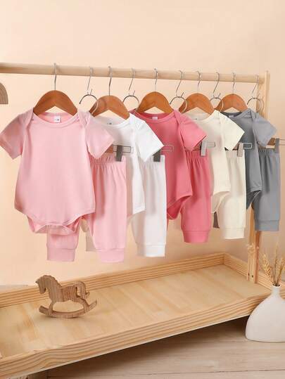 5件套新生儿宝宝套装 | 包括短袖连体衣+裤子，粉色/米色/棕色/白色可选，棉质弹力针织面料，包边设计，可爱亲肤，适合春秋季、派对和外出穿着。