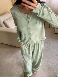 DAZY 3pcs Bow Print All-Over Allover Print Camisole & Pants Pajama Set For Women, Spring - Green - View 6