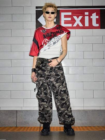 ROMWE MEN 男士迷彩印花抽绳腰休闲裤