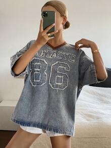 DAZY 女士V领水洗刺绣字母设计宽松短款休闲牛仔上衣，夏季 - 淺色水洗藍 - 查看 4