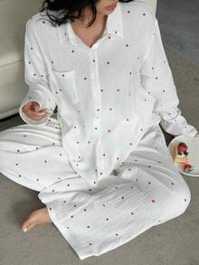 Dazy Plus Bộ đồ ngủ dài tay rộng rãi in hình trái tim và quần dài, cỡ lớn dành cho nữ, thích hợp cho mùa xuân/thu. - trắng - Xem 9
