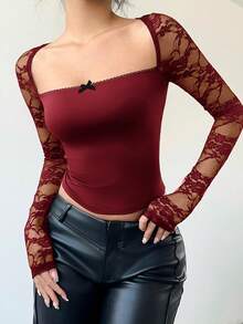 Aloruh Women's Lace Crew Neck Long Sleeve Fitted Cropped Fashionable T-Shirt - Burgundy - View 4