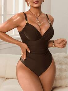 Shapewave 女士纯色吊带连体泳衣，适合海滩/度假村穿着 - 棕色 - 查看 7