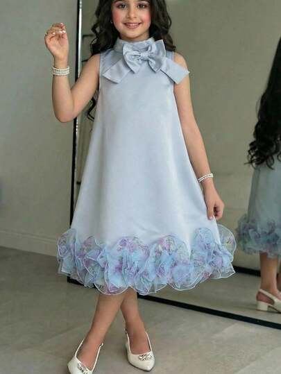 Tween Girl Elegant Bowknot Decor Blue A-Line Dress