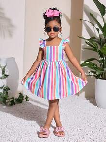 适合年轻女孩的彩色条纹印花休闲度假连衣裙，喇叭袖，后背蝴蝶结设计 - 粉色 - 查看 2