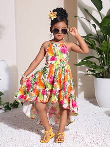 Cozy Pixies Vestido de niña bebé con estampado tropical lindo, con escote halter y espalda descubierta, con bajo alto, adecuado para verano y vacaciones - Naranja - Ver 3