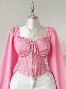 SHEIN EZwear Áo kiểu nữ cỡ lớn tay phồng, phối ren, cổ vuông, có đệm mút, kiểu dáng lãng mạn, thích hợp cho hẹn hò và tiệc tùng, mùa thu/đông. - Hồng - Xem 4