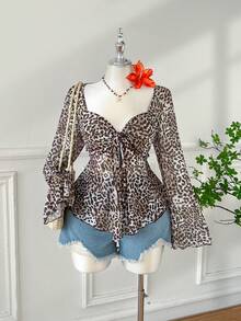 Comfortcana Áo nữ cỡ lớn in họa tiết da báo cổ điển tay phồng cổ vuông, thích hợp cho mùa Thu/Đông. - Nhiều màu - Xem 4